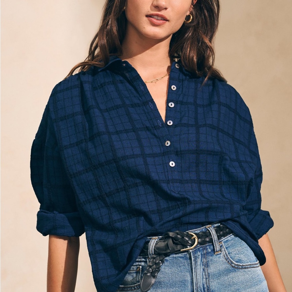 Faherty Navy Blue Plaid Button Henley Blouse